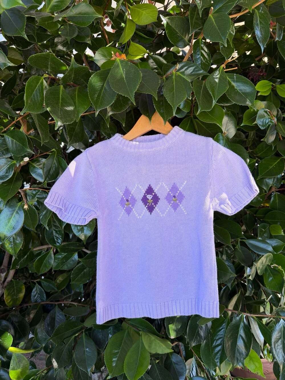 Vintage McKids Toddler Girls Lavender Argyle Short Sleeve Knit Sweater Size 3T
